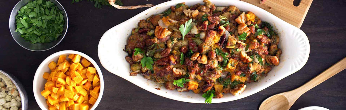 Pecan Stuffing in White Bowl on Table