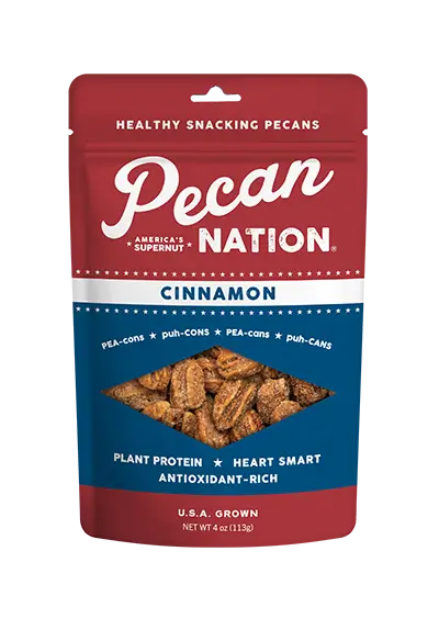 4oz Red and White Package of Pecan Nation Cinnamon Pecans