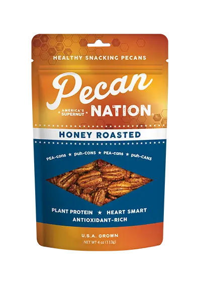 4oz Yellow and Brown Package of Pecan Nation Honey Roasted Pecans